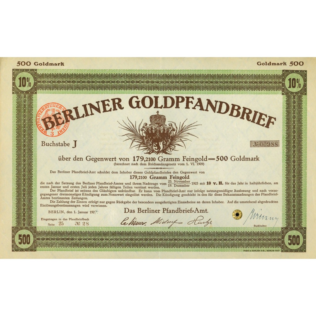 1924 - GERMAN GOLD BOND BERLINER GOLDPFANDBRIEF...