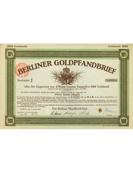 1924 - GERMAN GOLD BOND BERLINER GOLDPFANDBRIEF 10% 179,21 GRAMM FEINGOLD
