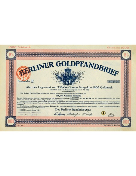 1924 - GERMAN GOLD BOND BERLINER GOLDPFANDBRIEF 8% 358,42 GRAMM FEINGOLD