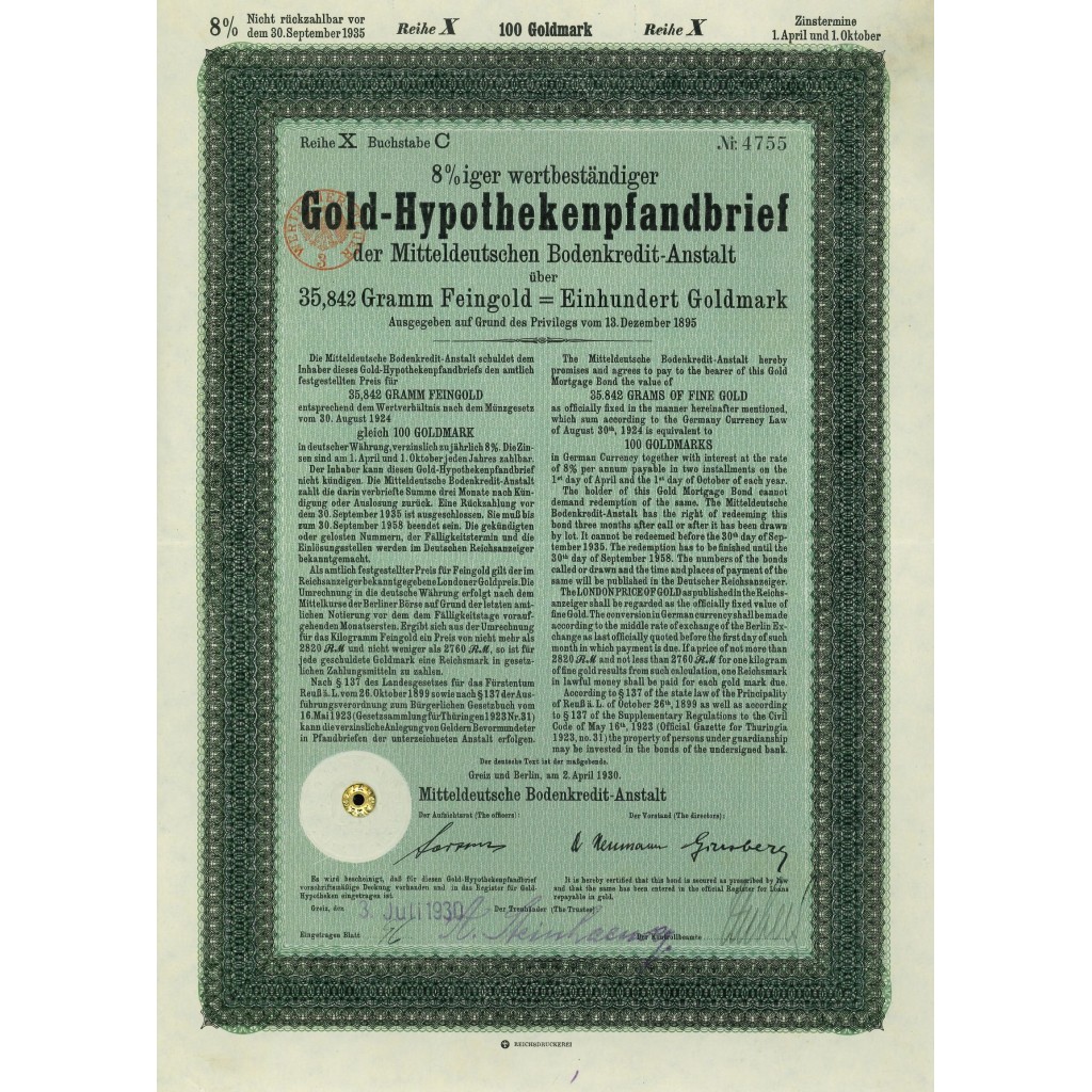 1924 - GERMAN BOND GOLD-HYPOTHEKENPFANDBRIEF 8%...