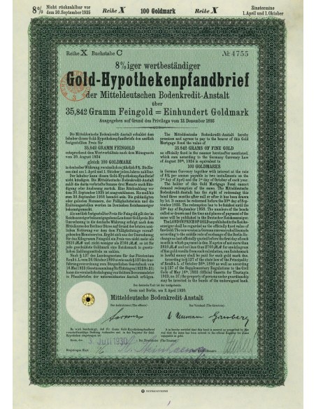1924 - GERMAN BOND GOLD-HYPOTHEKENPFANDBRIEF 8% 35,842 GRAMM FEINGOLD. LAW AUGUST 30, 1924
