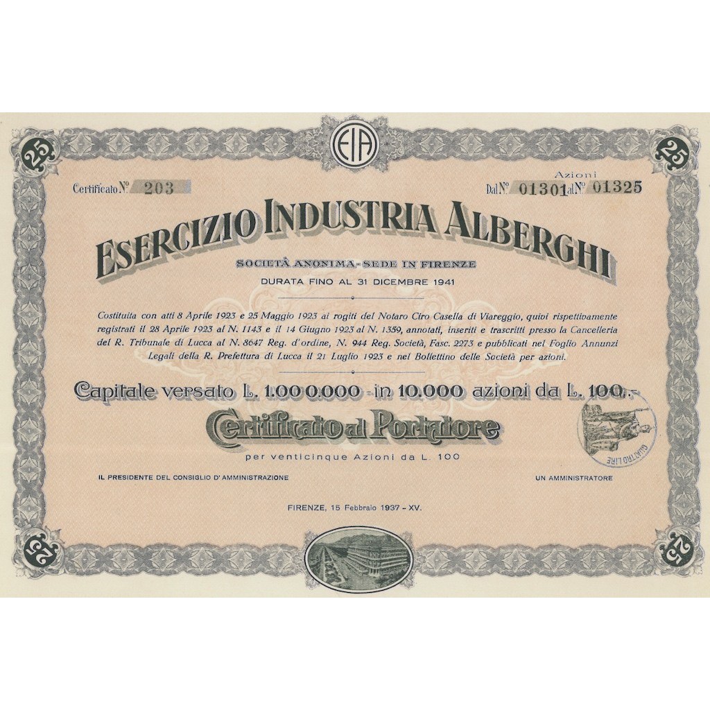 ESERCIZIO INDUSTRIA ALBERGHI AZIONI FIRENZE 1937