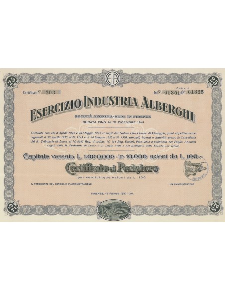 ESERCIZIO INDUSTRIA ALBERGHI AZIONI FIRENZE 1937