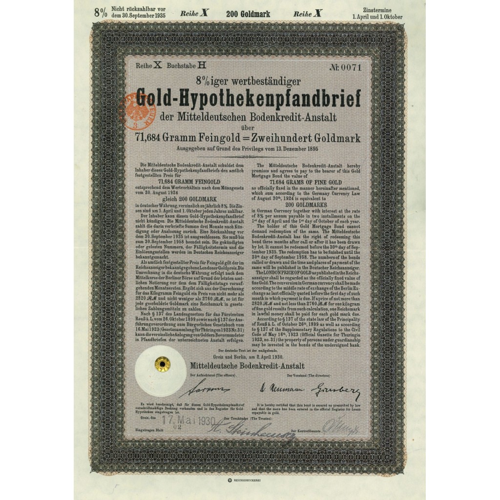 1924 - GERMAN BOND GOLD-HYPOTHEKENPFANDBRIEF
