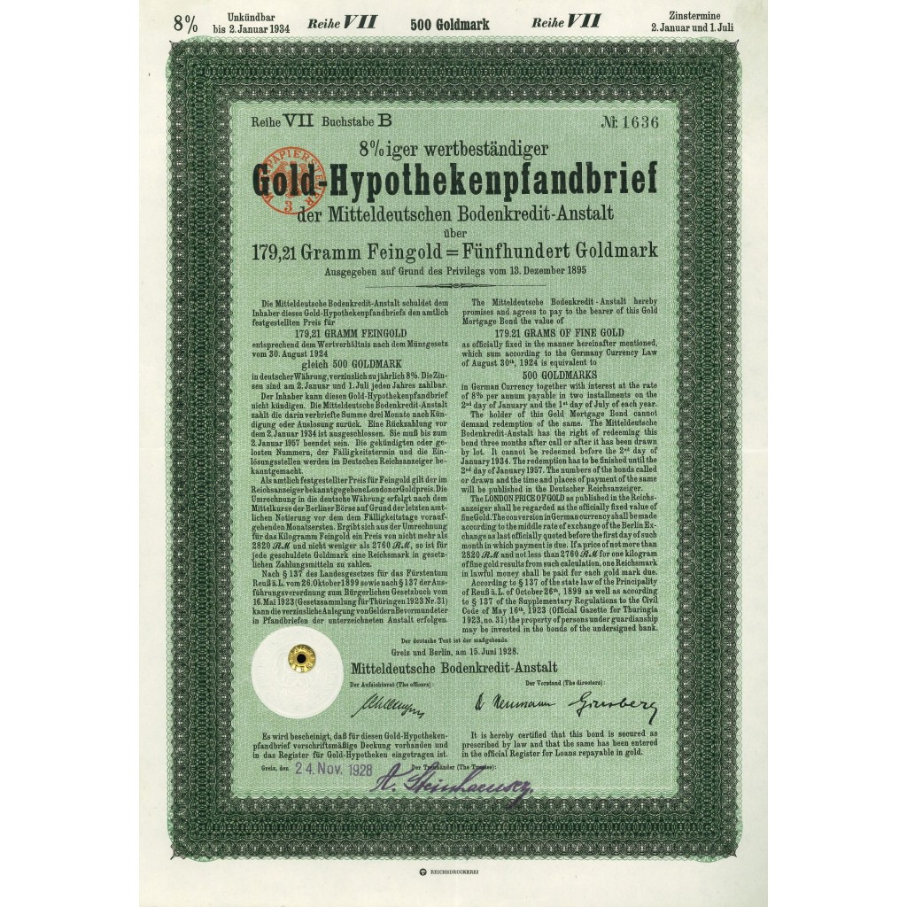 1924 - GERMAN BOND GOLD-HYPOTHEKENPFANDBRIEF 8%...