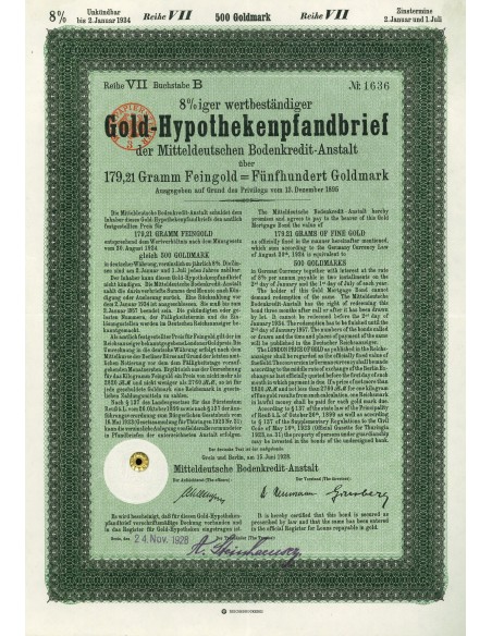 1924 - GERMAN BOND GOLD-HYPOTHEKENPFANDBRIEF 8% 179,21 GRAMM FEINGOLD. LAW AUGUST 30, 1924