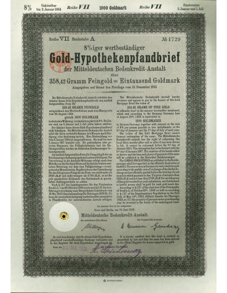 1924 - GERMAN BOND GOLD-HYPOTHEKENPFANDBRIEF 8% 358,42 GRAMM FEINGOLD. LAW AUGUST 30, 1924