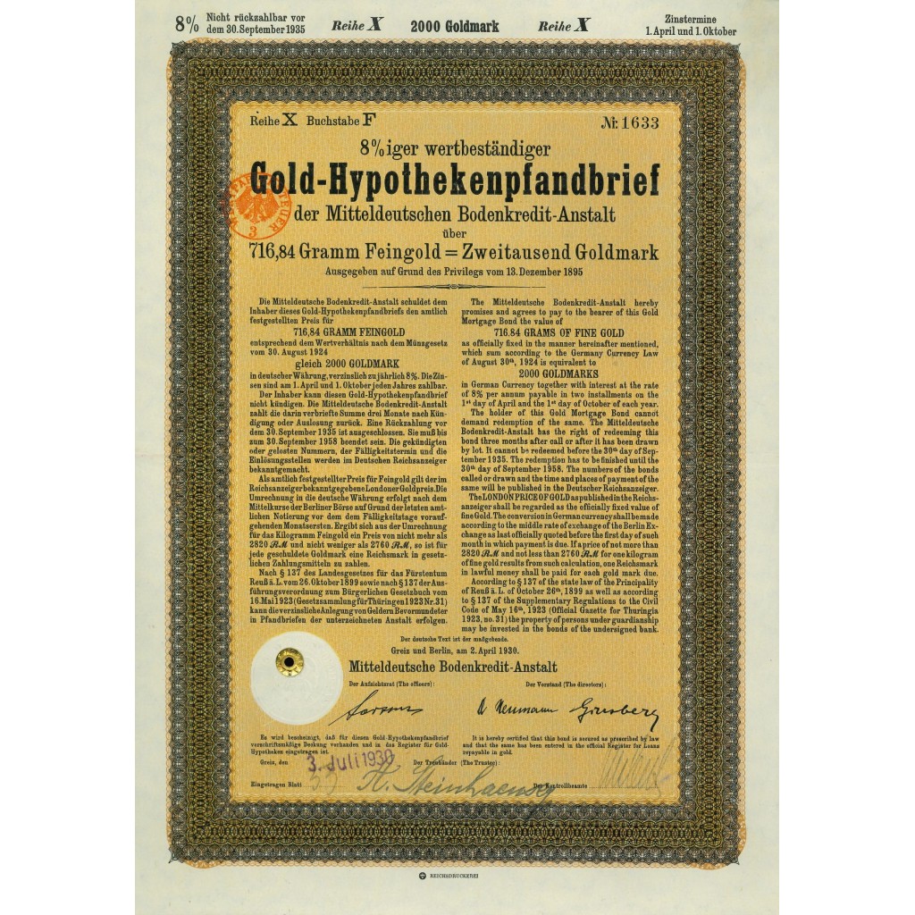 1924 - GERMAN BOND GOLD-HYPOTHEKENPFANDBRIEF 8%...
