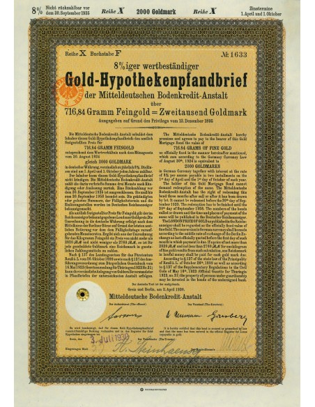 1924 - GERMAN BOND GOLD-HYPOTHEKENPFANDBRIEF 8% 716,84 GRAMM FEINGOLD. LAW AUGUST 30, 1924