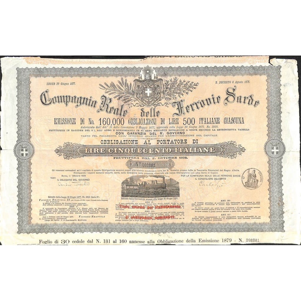 COMP. REALE DELLE FERROVIE SARDE - 1 OBBLIG. ROMA 1878