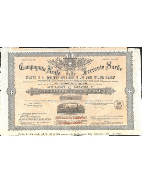COMP. REALE DELLE FERROVIE SARDE - 1 OBBLIG. ROMA 1878