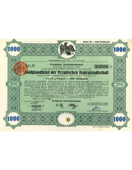 1924 - GERMAN BOND PREUBISCHEN ZENTRALSTADISCHAFT 7% 358,42 GRAMM FEINGOLD 1.000 GOLDMARK