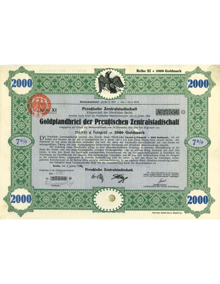 1924 - GERMAN BOND PREUBISCHEN ZENTRALSTADISCHAFT 7% 716,84 GRAMM FEINGOLD 2.000 GOLDMARK