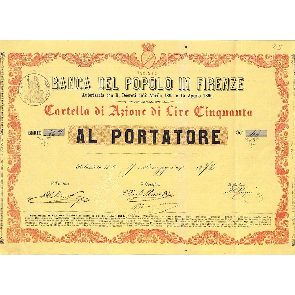 BANCA DEL POPOLO IN FIRENZE - 1 AZIONE 1872