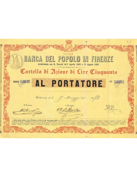 BANCA DEL POPOLO IN FIRENZE - 1 AZIONE 1872