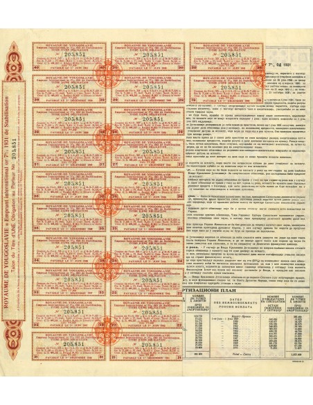 1931 - ROYAUME DE YOUGOSLAVIE 7% OR (GOLD)