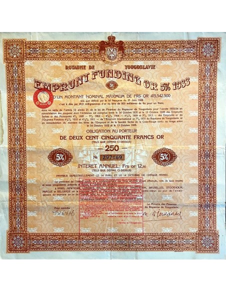 1933 - ROYAUME DE YUGOSLAVIE 5% OR (GOLD)