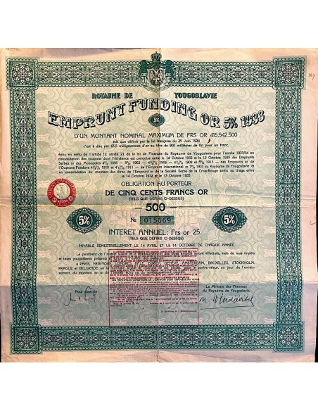 1933 - ROYAUME DE YUGOSLAVIE 5% OR (GOLD)