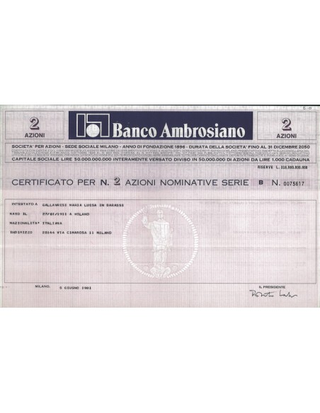 BANCO AMBROSIANO 2 AZIONI SERIE B MILANO