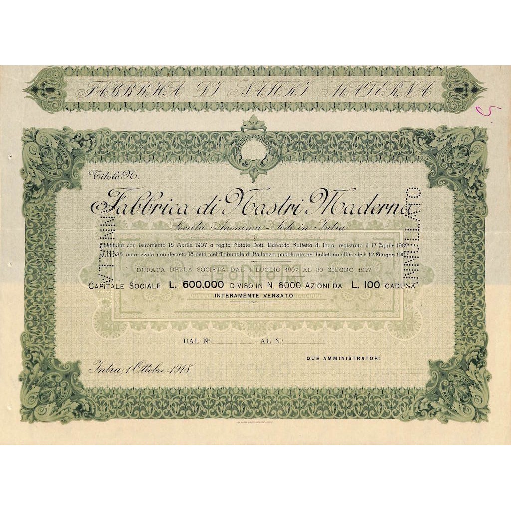 FABBRICA DI NASTRI MADERNA - AZIONI - INTRA 1918