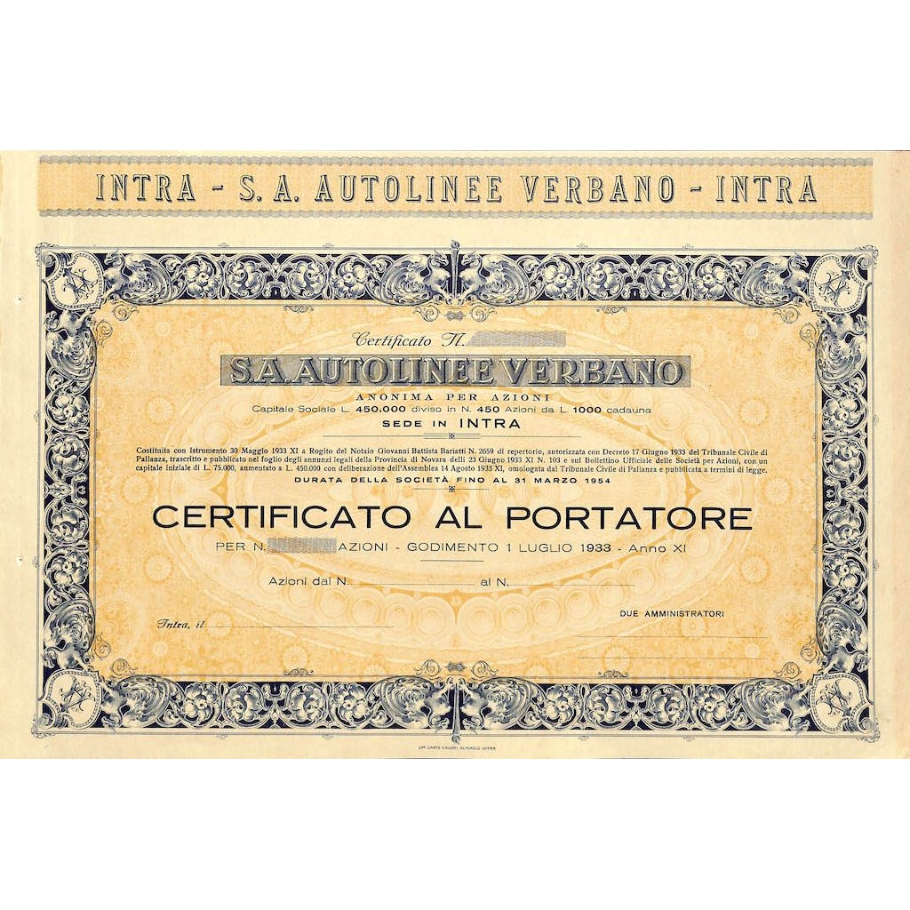 S.A. AUTOLINEE VERBANO - AZIONI INTRA 1933