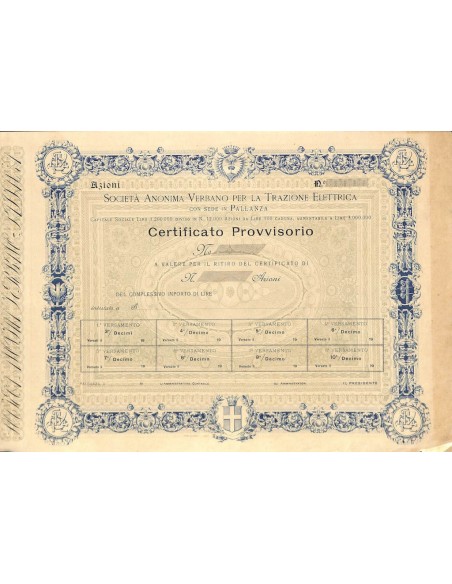 SOC. ANON. VERBANO TRAZIONE ELETTRICA - AZIONI PALLANZA 1910