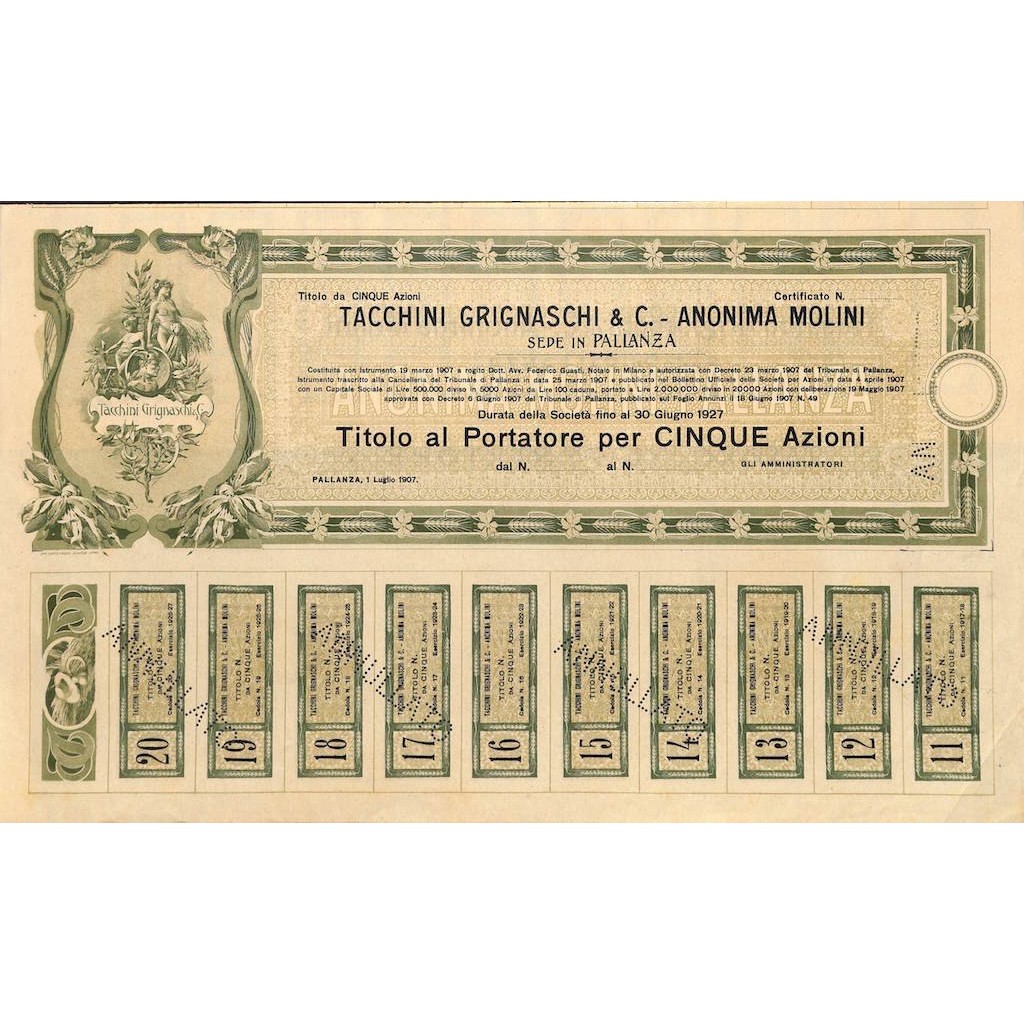 TACCHINI GRIGNASCHI E C. - ANON. MOLINI 5 AZIONI PALLANZA 1907