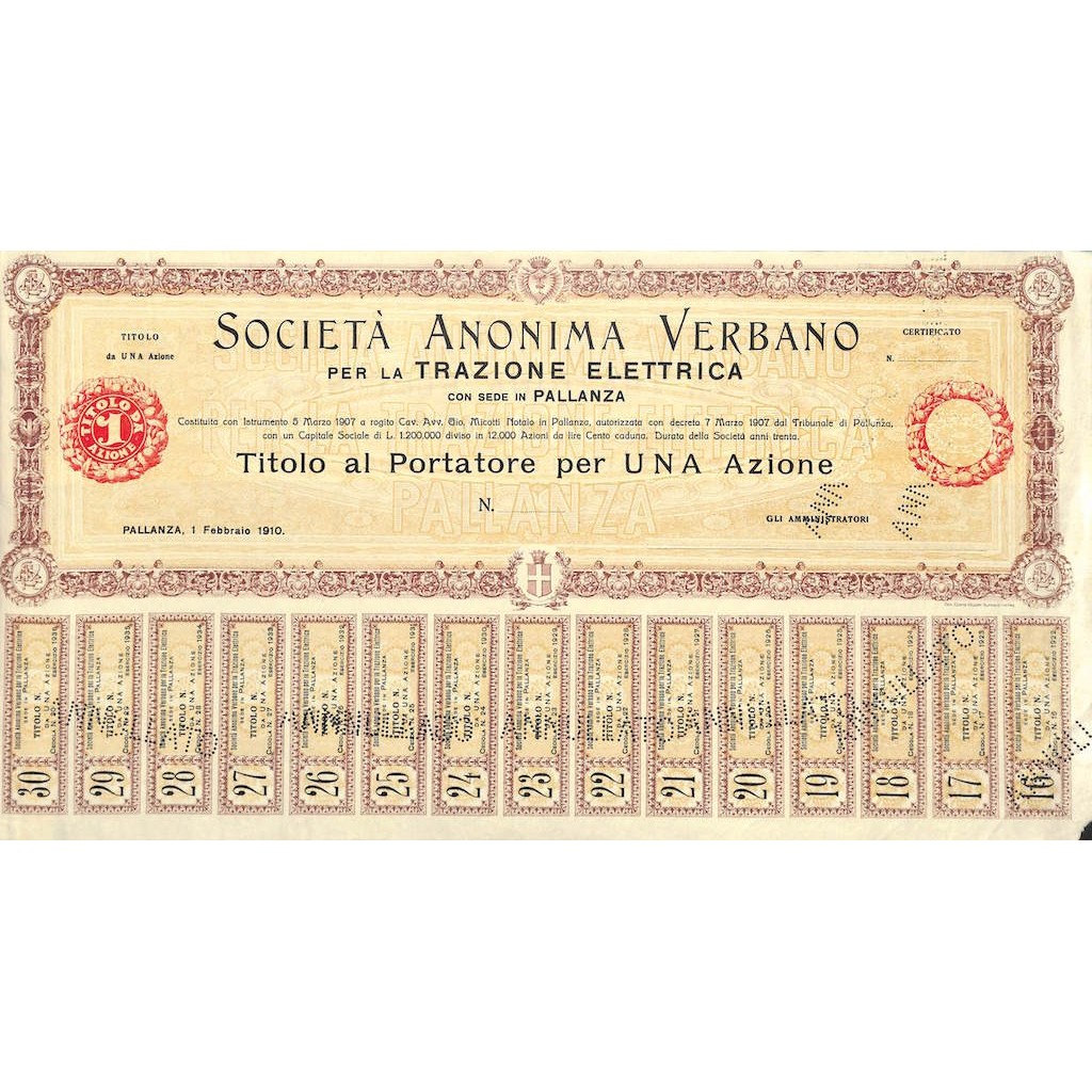 SOC. ANON. VERBANO PER LA TRAZIONE ELETTRICA - 1 AZIONE 1910