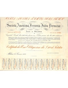 SOC. ANON. FERROVIA INTRA PREMENO - 1 OBBLIGAZIONE MILANO 1929
