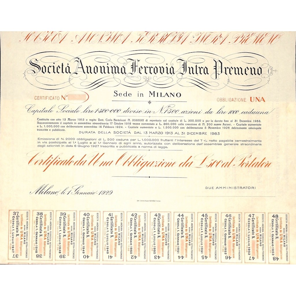 SOC. ANON. FERROVIA INTRA PREMENO - 1 OBBLIGAZIONE MILANO 1929