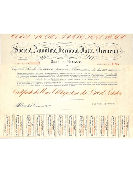 SOC. ANON. FERROVIA INTRA PREMENO - 1 OBBLIGAZIONE MILANO 1929