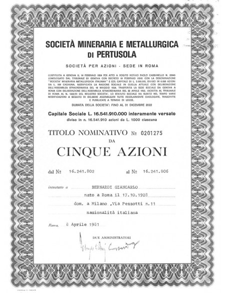 SOCIETA MINERARIA E METALLURGICA DI PERTUSOLA 5 AZIONI ROMA 1966