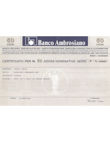 BANCO AMBROSIANO 50 AZIONI SERIE F MILANO