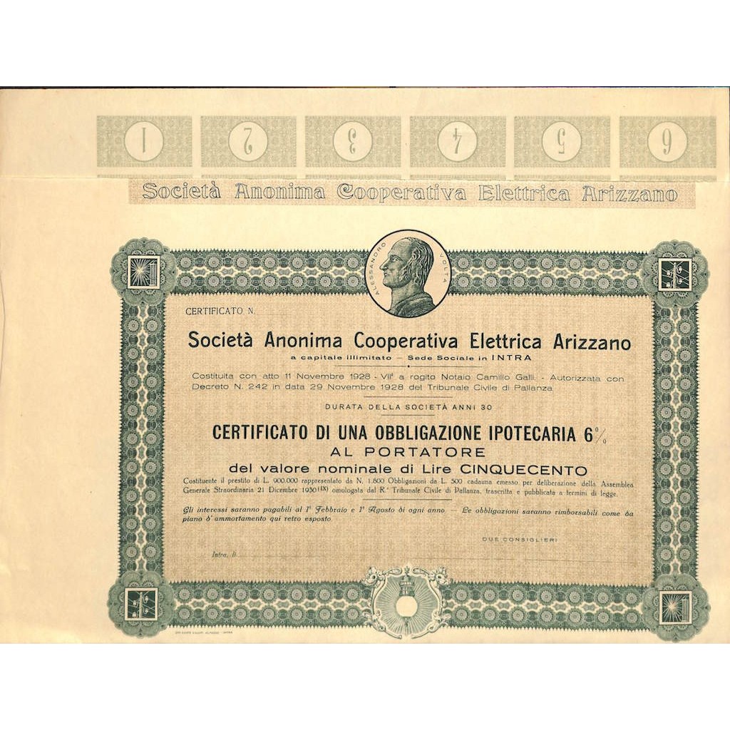 SOC. ANON. COOPERATIVA ELETTRICA ARIZZANO - 1 OBBLIGAZ. 1928
