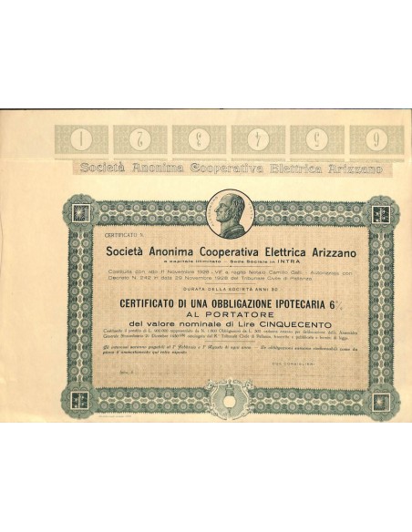 SOC. ANON. COOPERATIVA ELETTRICA ARIZZANO - 1 OBBLIGAZ. 1928