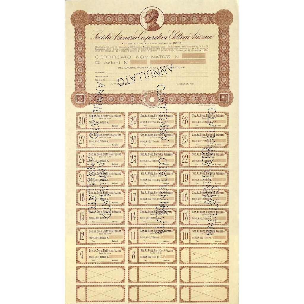 SOC. AZIONARIA COOP. ELETTRICA ARIZZANO - AZIONI 1928