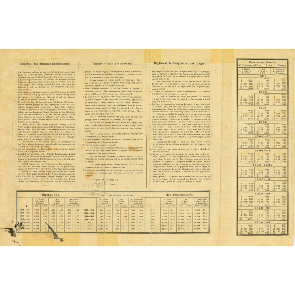 1888 - ROYAUME DE SERBIE OBLIGATION A' PRIME AU...