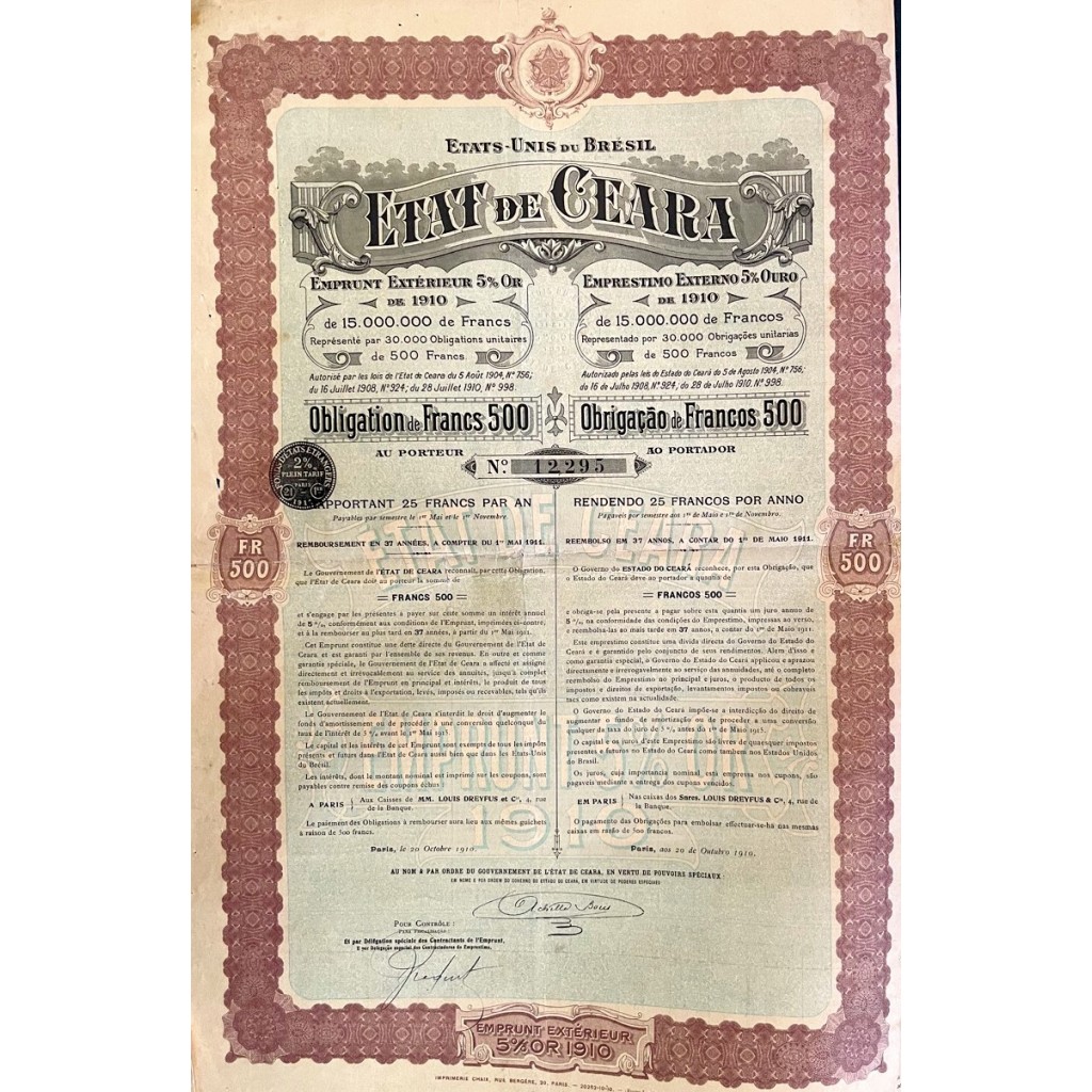 1910 - ETAT DE CEARA OBLIGATION DE FRANCS