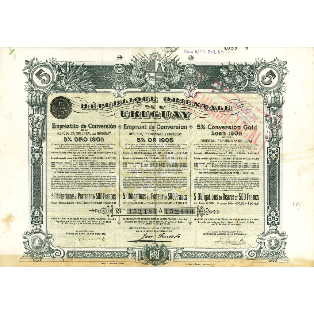 1905 - REPUBLIQUE ORENTALE DE L'URUGUAY 5% OR...