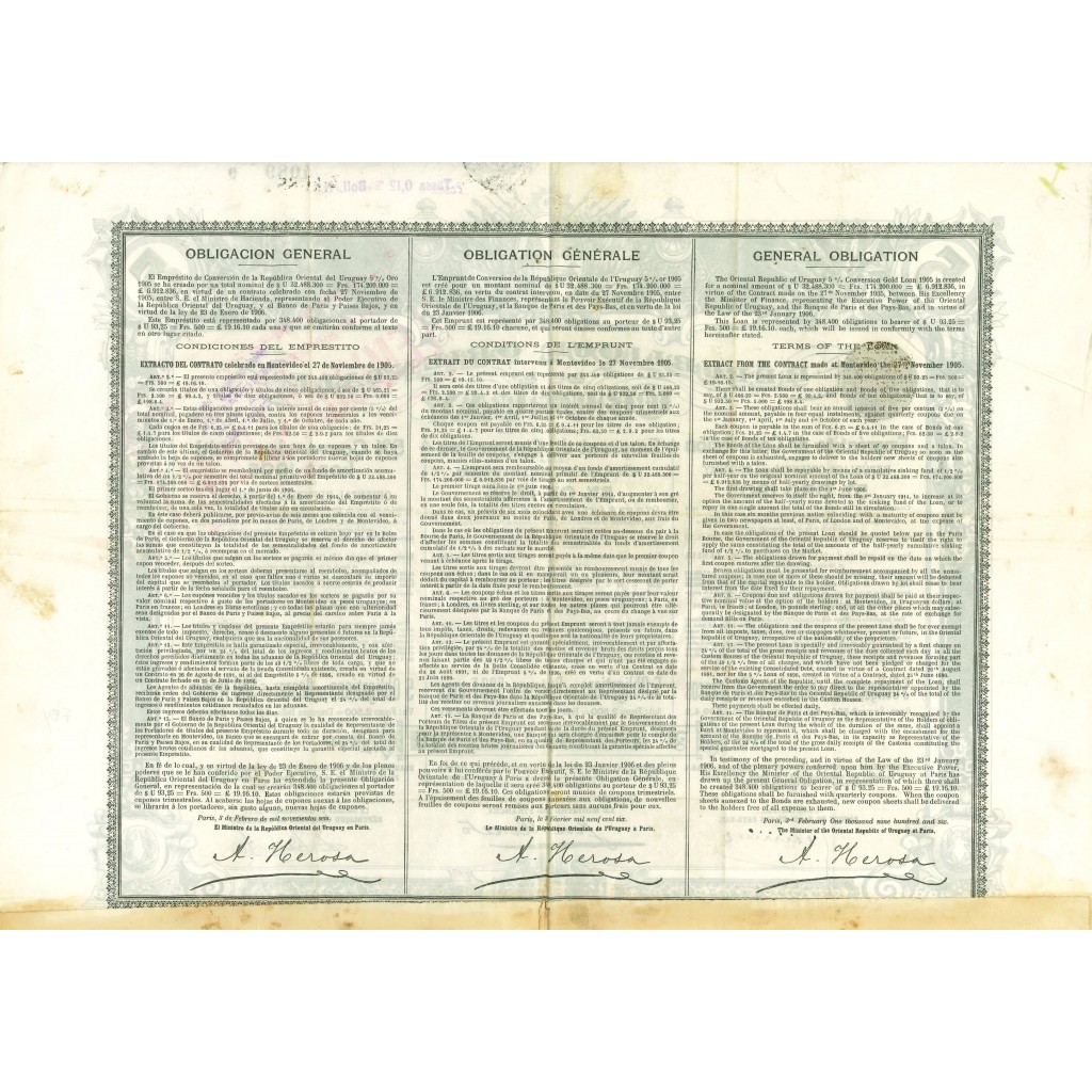 1905 - REPUBLIQUE ORENTALE DE L'URUGUAY 5% OR...