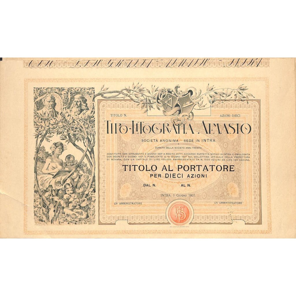 TIPO-LITOGRAFIA ALMASIO - 10 AZIONI - INTRA 1907
