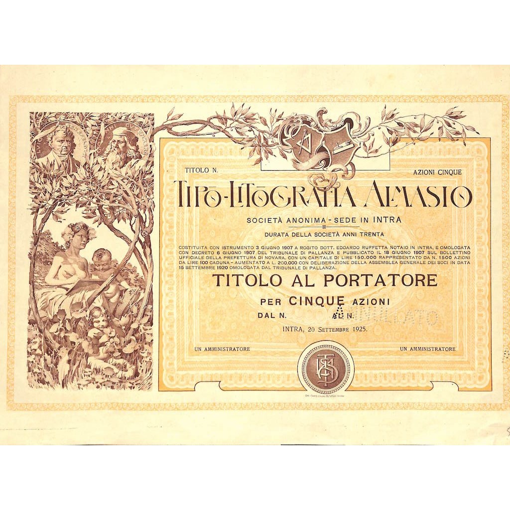 TIPO-LITOGRAFIA ALMASIO - 5 AZIONI - INTRA 1925