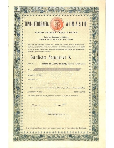 TIPO-LITOGRAFIA ALMASIO - AZIONI - INTRA 1907