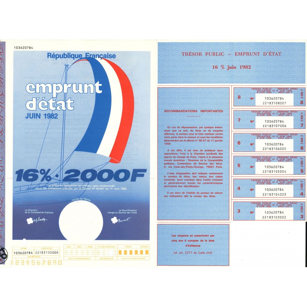 1982 - EMPRUNT D'ETAT 16% 2000 Francs