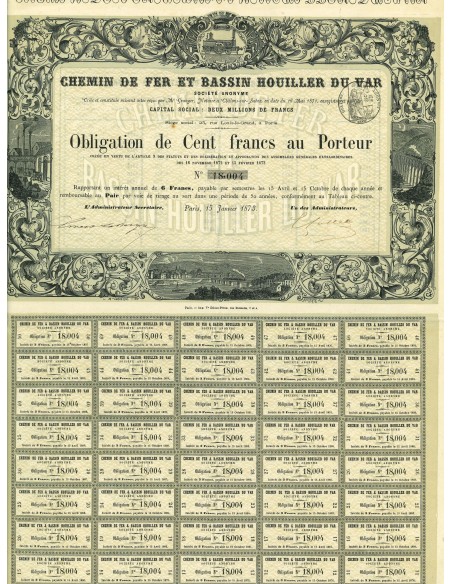 1873 - CHEMIN DE FER ET BASSIN HOUILLER DU VAR - 100 FRANCS AU PORTEUR