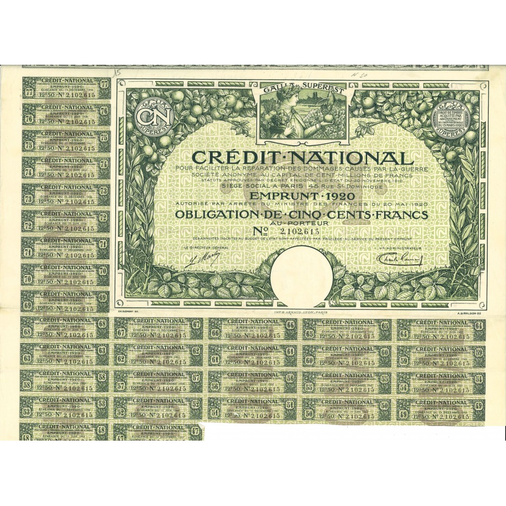 1920 - CREDIT NACIONAL EMPRUNT - OBLIGATION DE...