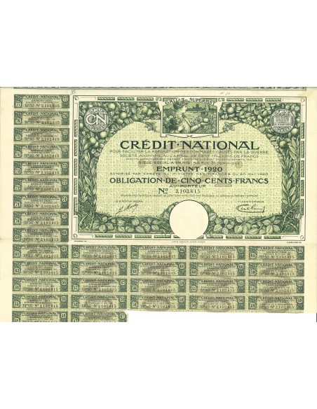 1920 - CREDIT NACIONAL EMPRUNT - OBLIGATION DE 500 FRANCS