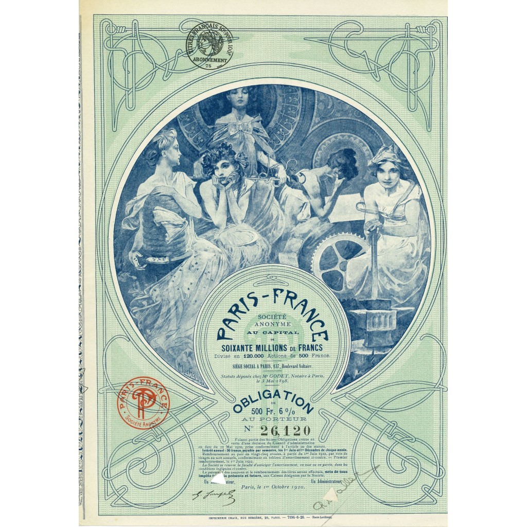 1920 - PARIS-FRANCE - OBLIGATION 500 FRANCS 6%....