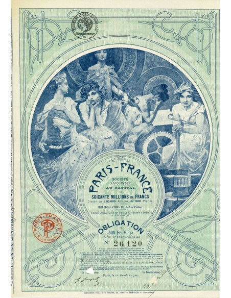 1920 - PARIS-FRANCE - OBLIGATION 500 FRANCS 6%. DISEGNATO DA ALPHONSE MUCHA