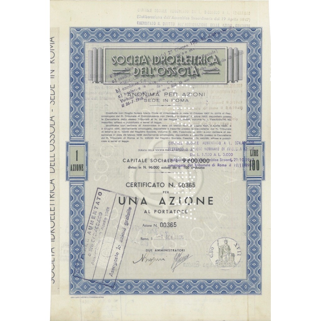 SOCIETA' IDROELETTRICA DELL'OSSOLA - UNA AZIONE ROMA 1939